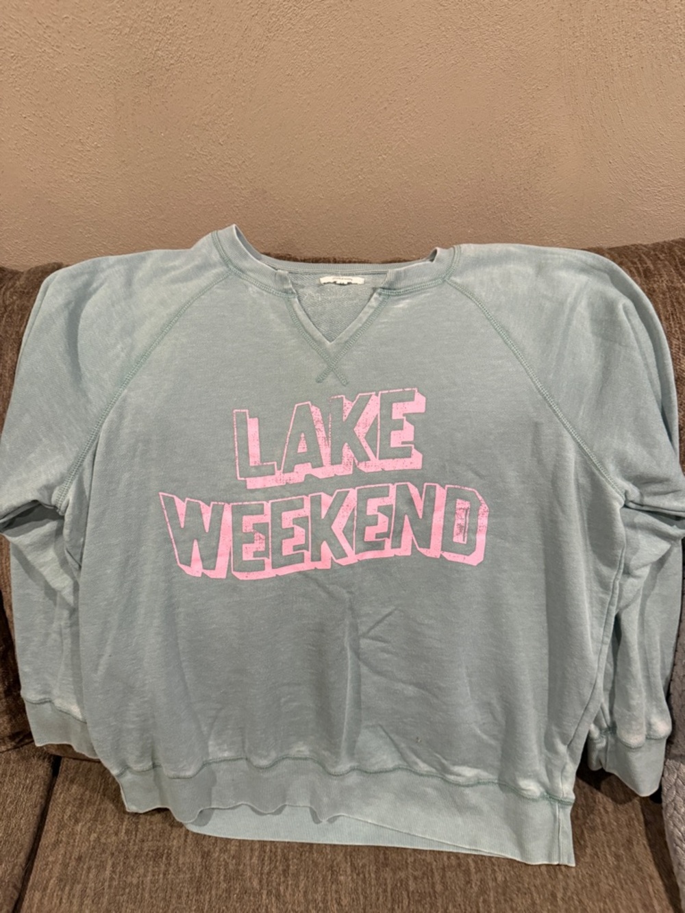 Lake Weekend Pullover Sweatshirt - Seafoam with Pink Print